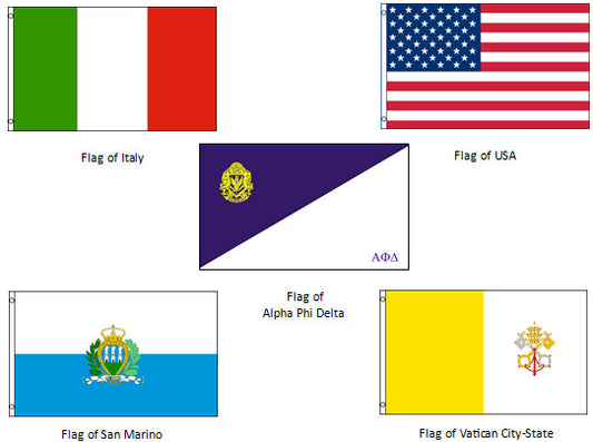 Ceremonial Flags Set - 3' x 5' Alpha Phi Delta Flag plus flags of USA, Italy, San Marino & Vatican